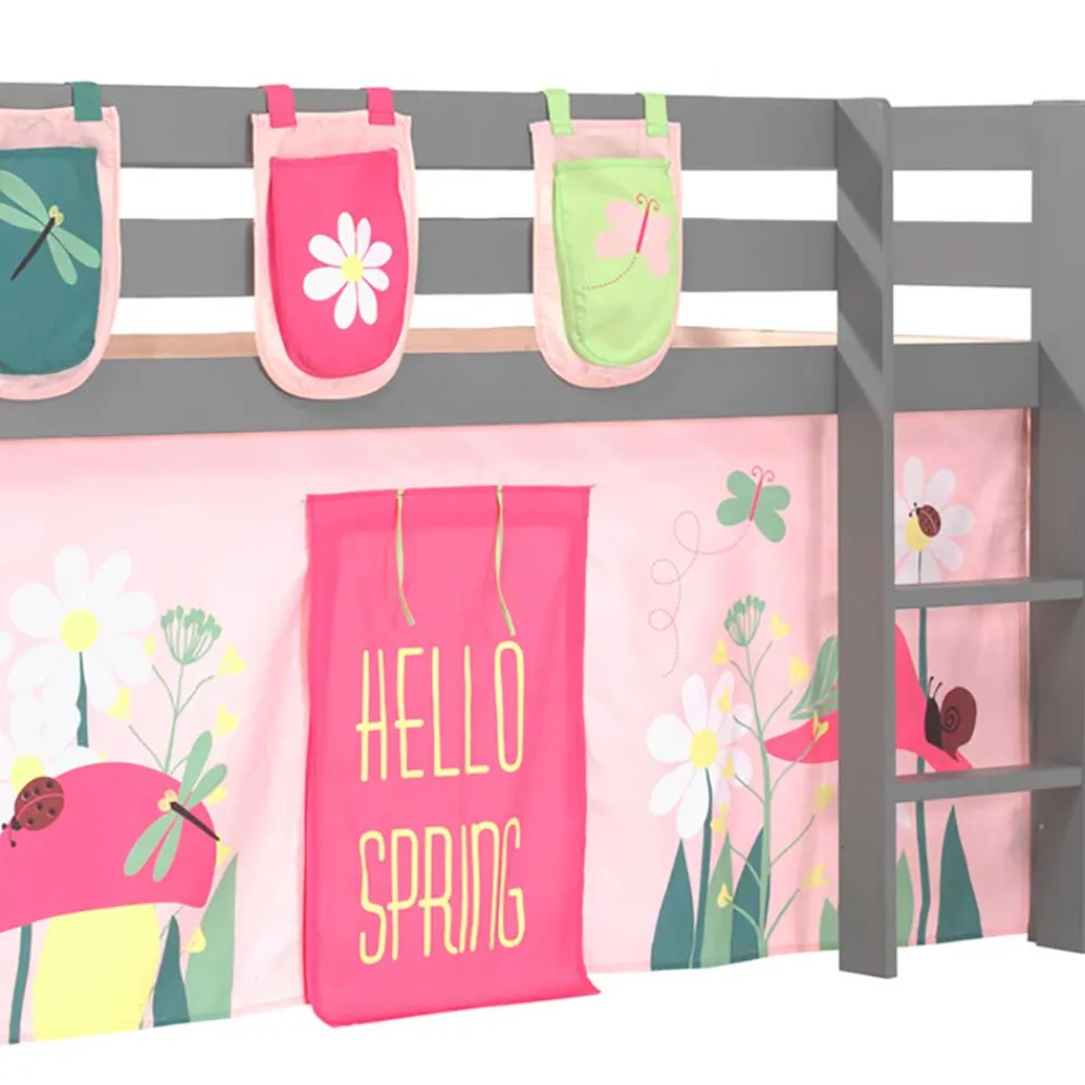 Wohnen Kindermöbel|Kinderbetten*Graues Massivholz-Hochbett mit Vorhang & Taschen - Corsica