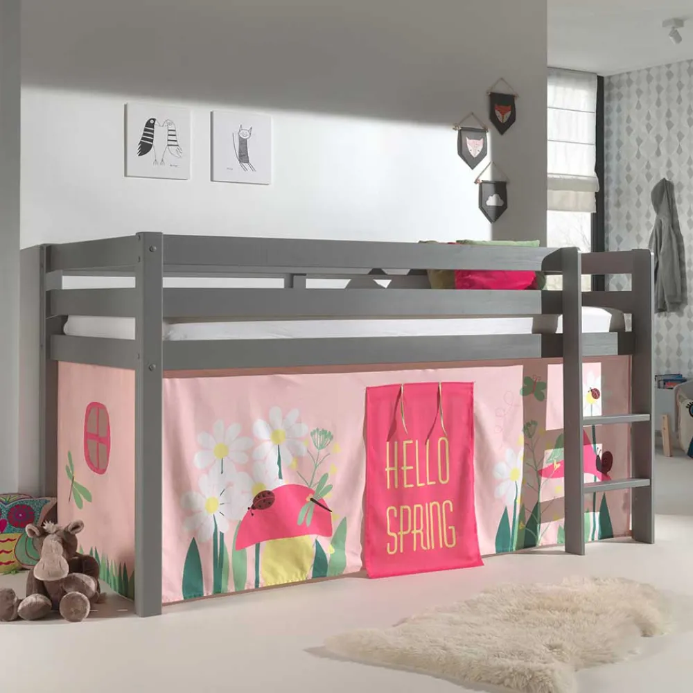 Kinder Wohnen Graues Massivholz-Kinder-Hochbett mit Vorhang - Baptisto