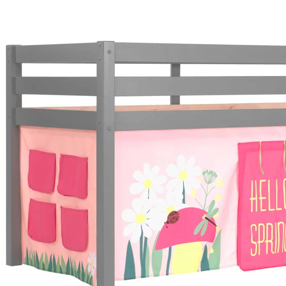 Kinder Wohnen Graues Massivholz-Kinder-Hochbett mit Vorhang - Baptisto