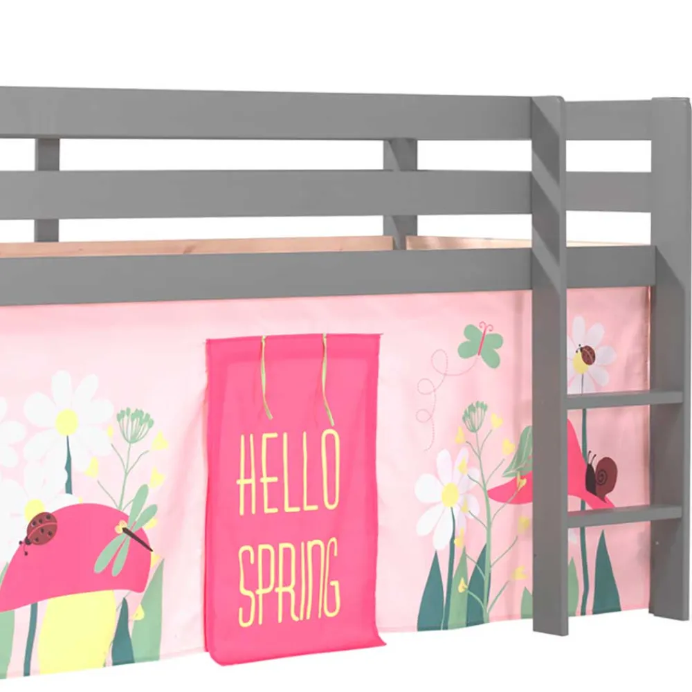 Kinder Wohnen Graues Massivholz-Kinder-Hochbett mit Vorhang - Baptisto