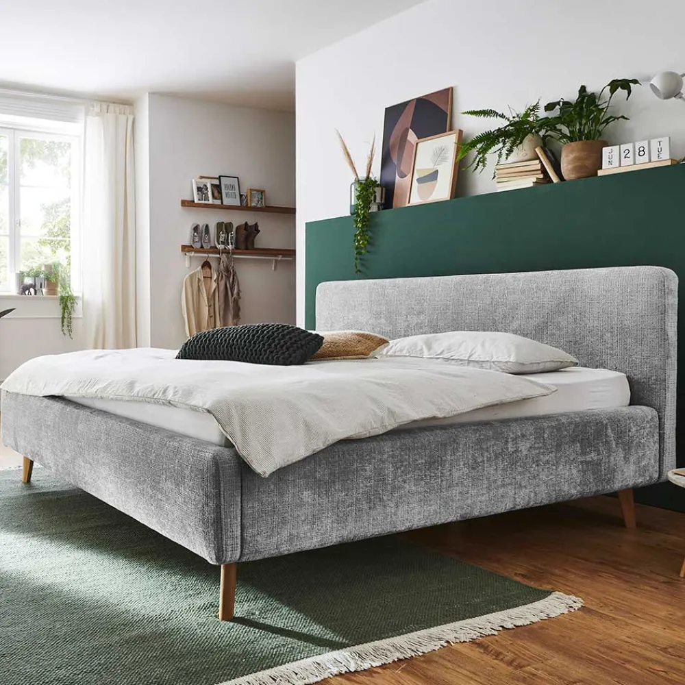 Wohnen Jugendbetten*Graues Polsterbett mit Boucle Bezug und Holzfüßen - Endrov