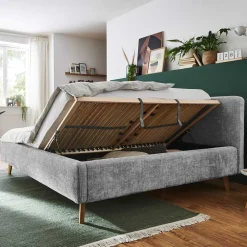 Wohnen Jugendbetten*Graues Polsterbett mit Boucle Bezug und Holzfüßen - Endrov