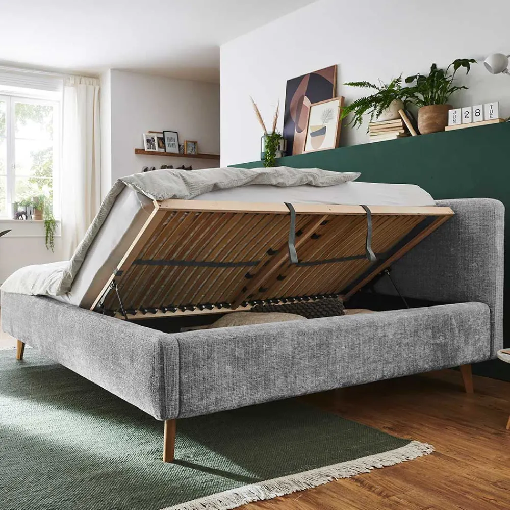 Wohnen Jugendbetten*Graues Polsterbett mit Boucle Bezug und Holzfüßen - Endrov