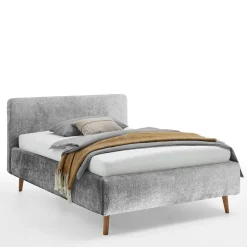 Wohnen Jugendbetten*Graues Polsterbett mit Boucle Bezug und Holzfüßen - Endrov