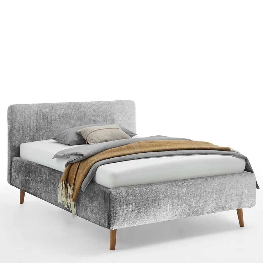 Wohnen Jugendbetten*Graues Polsterbett mit Boucle Bezug und Holzfüßen - Endrov