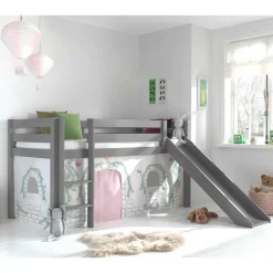 Wohnen Kinderbetten*Graues Spielbett mit Rutsche aus Kiefer massiv - Delavidu