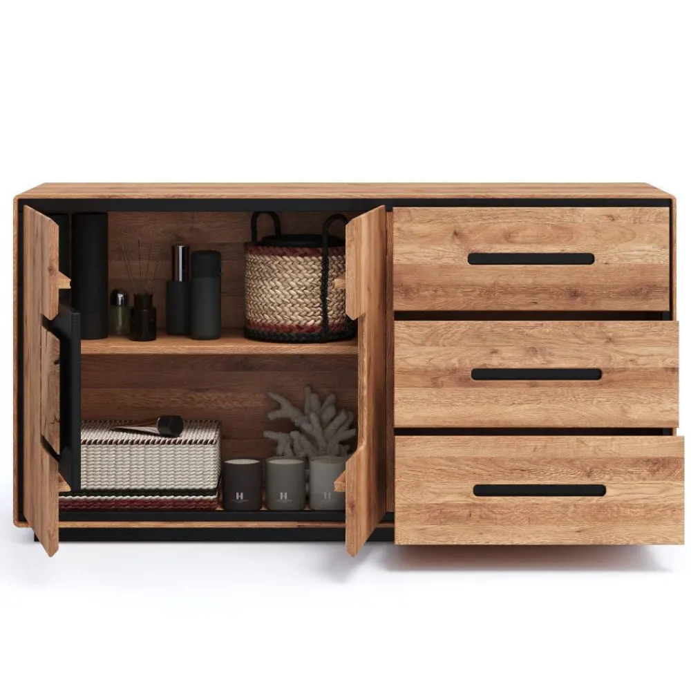 Wohnen Sideboards & Kommoden|Sideboards & Kommoden*Große Kombi-Kommode in Wildeiche mit Schwarz - Shipper