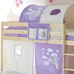 Kinder Wohnen Halbhochbett Shoff mit Vorhang und Tunnel in Lila Weiß