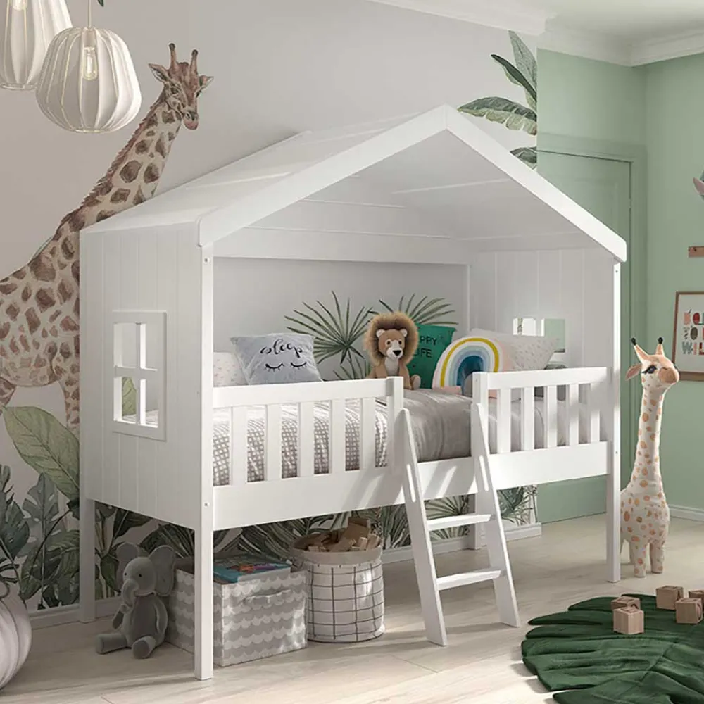 Kinder Wohnen Halbhohes Hausbett in Weiß lackiert - Kumaria