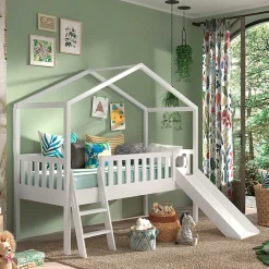 Wohnen Kinderbetten*Halbhohes Hochbett mit Hausdach & Rutsche - Graphit