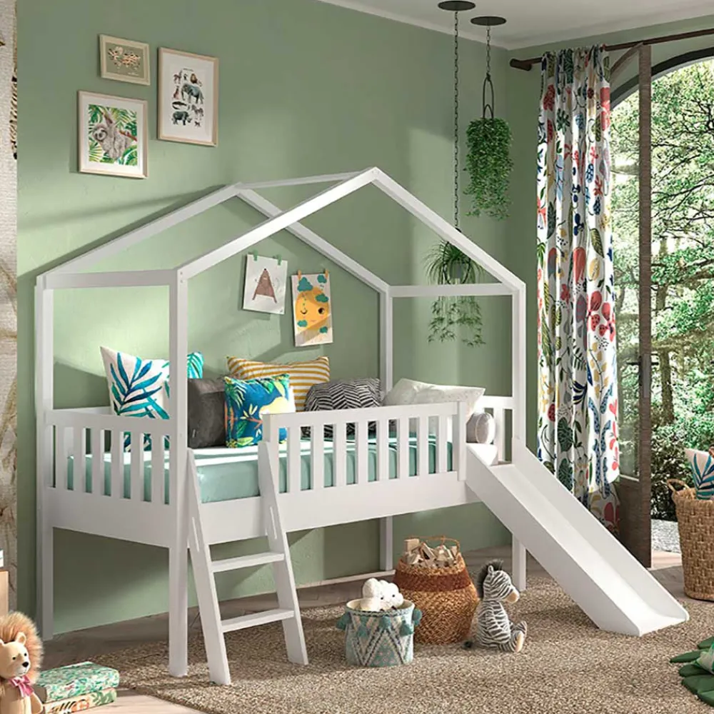 Wohnen Kinderbetten*Halbhohes Hochbett mit Hausdach & Rutsche - Graphit