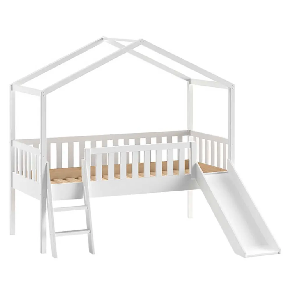 Wohnen Kinderbetten*Halbhohes Hochbett mit Hausdach & Rutsche - Graphit