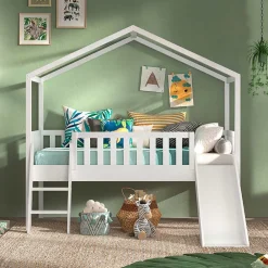 Wohnen Kinderbetten*Halbhohes Hochbett mit Hausdach & Rutsche - Graphit