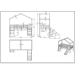 Wohnen Kinderbetten*Halbhohes Hochbett mit Hausdach & Rutsche - Graphit