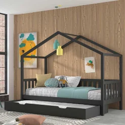 Kinder Wohnen Hausbett in Anthrazit aus Kiefernholz - Neptunus