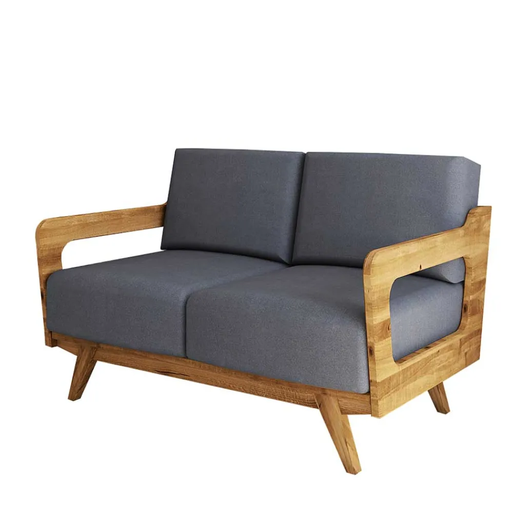Wohnen Retro Möbel|Sofas*Hellgraues Stoff Sofa mit Wildeiche Gestell - Hardus