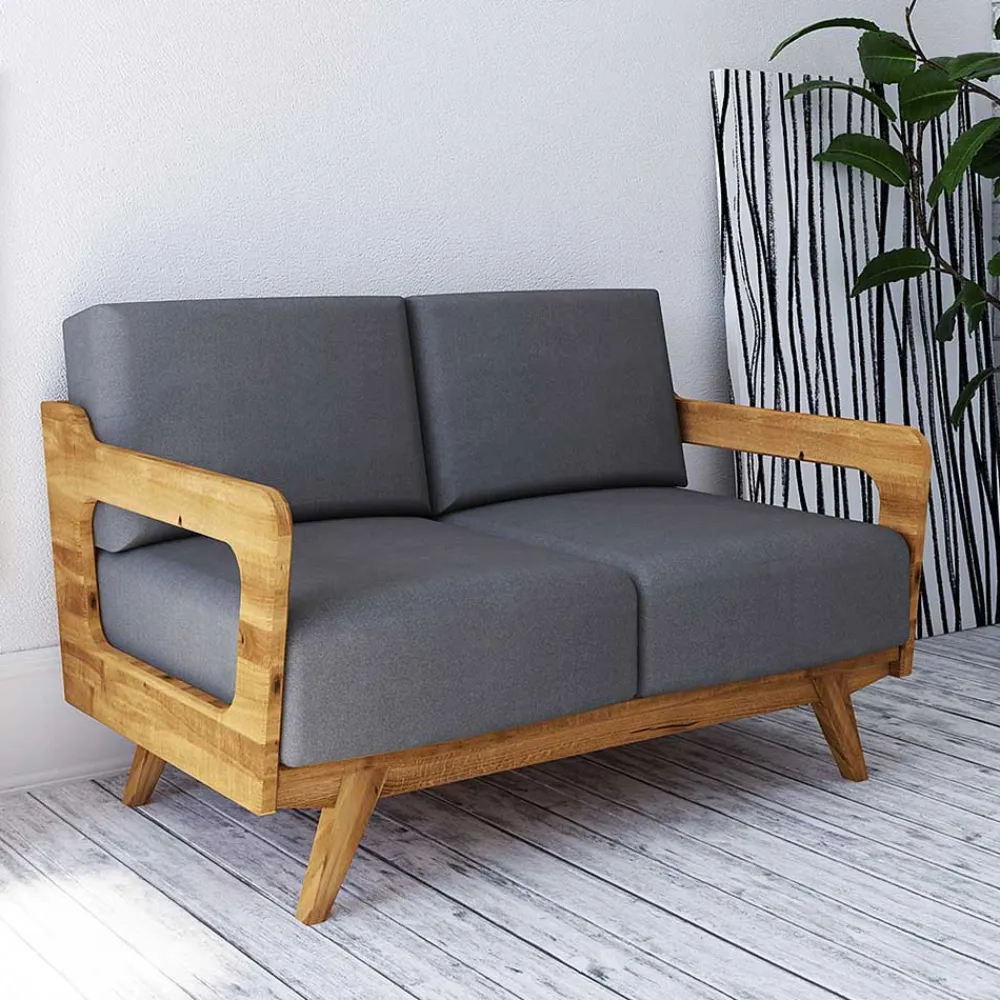 Wohnen Retro Möbel|Sofas*Hellgraues Stoff Sofa mit Wildeiche Gestell - Hardus