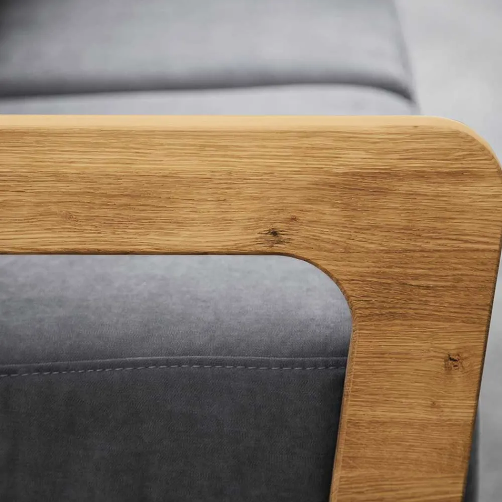 Wohnen Retro Möbel|Sofas*Hellgraues Stoff Sofa mit Wildeiche Gestell - Hardus