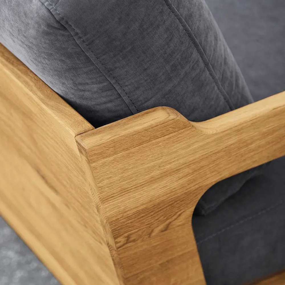 Wohnen Retro Möbel|Sofas*Hellgraues Stoff Sofa mit Wildeiche Gestell - Hardus