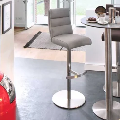 Wohnen Barhocker|Hocker*Höhenverstellbarer Barstuhl in Hellgrau Kunstleder Olivera & Edelstahl
