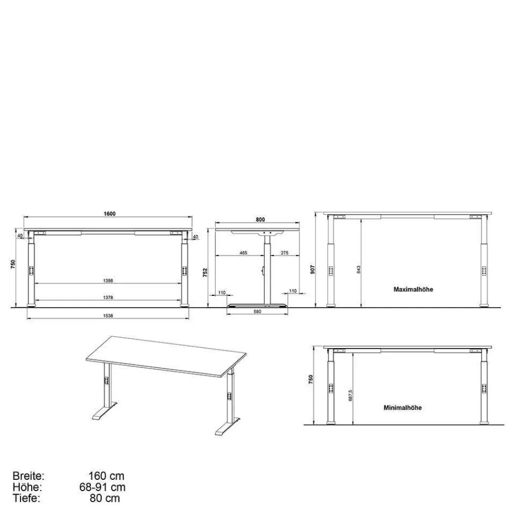 Wohnen Graue Möbel|Bürotische*Höhenverstellbarer Bürotisch in vier Größen - Tila