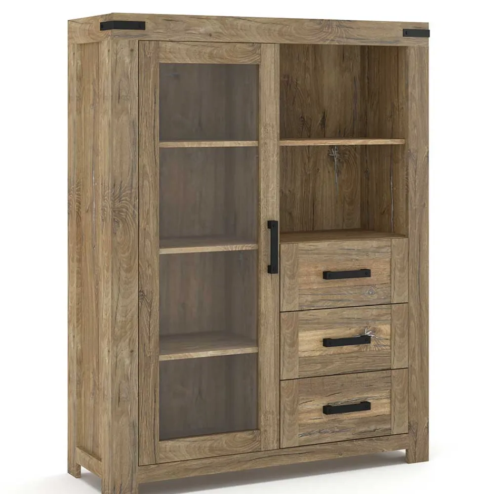 Wohnen Esszimmer-Vitrinen|Esszimmerschränke*Highboard in Eiche Dunkel mit Glaseinsatz - Hilary