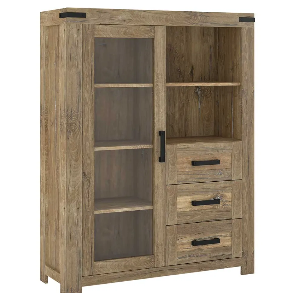 Wohnen Esszimmer-Vitrinen|Esszimmerschränke*Highboard in Eiche Dunkel mit Glaseinsatz - Hilary