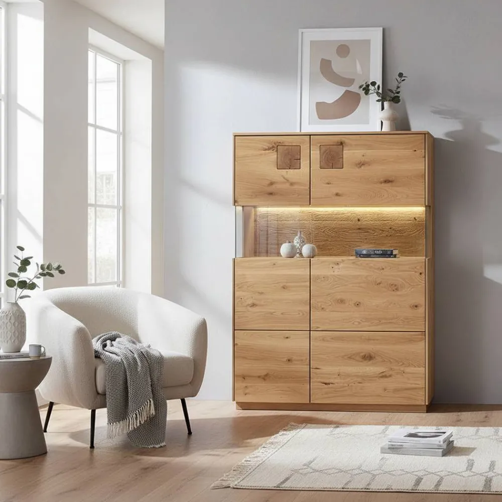 Wohnen Sideboards & Kommoden|Sideboards & Kommoden*Highboard mit Glaseinsatz aus Wildeiche massiv - Millena