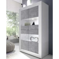 Wohnen Highboard Vitrine in Beton Optik & Weiß HG - Narandu