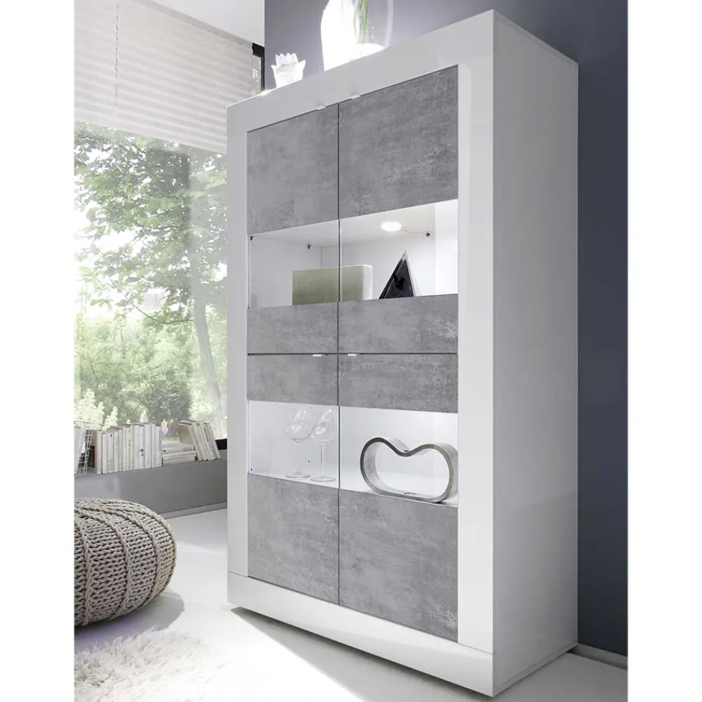 Wohnen Highboard Vitrine in Beton Optik & Weiß HG - Narandu
