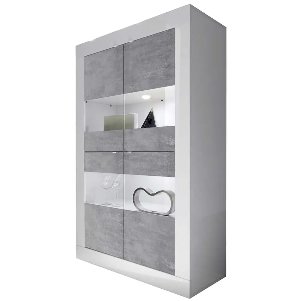 Wohnen Highboard Vitrine in Beton Optik & Weiß HG - Narandu