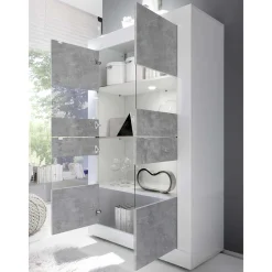 Wohnen Highboard Vitrine in Beton Optik & Weiß HG - Narandu