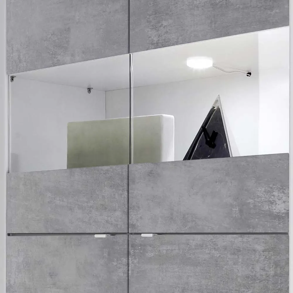 Wohnen Highboard Vitrine in Beton Optik & Weiß HG - Narandu