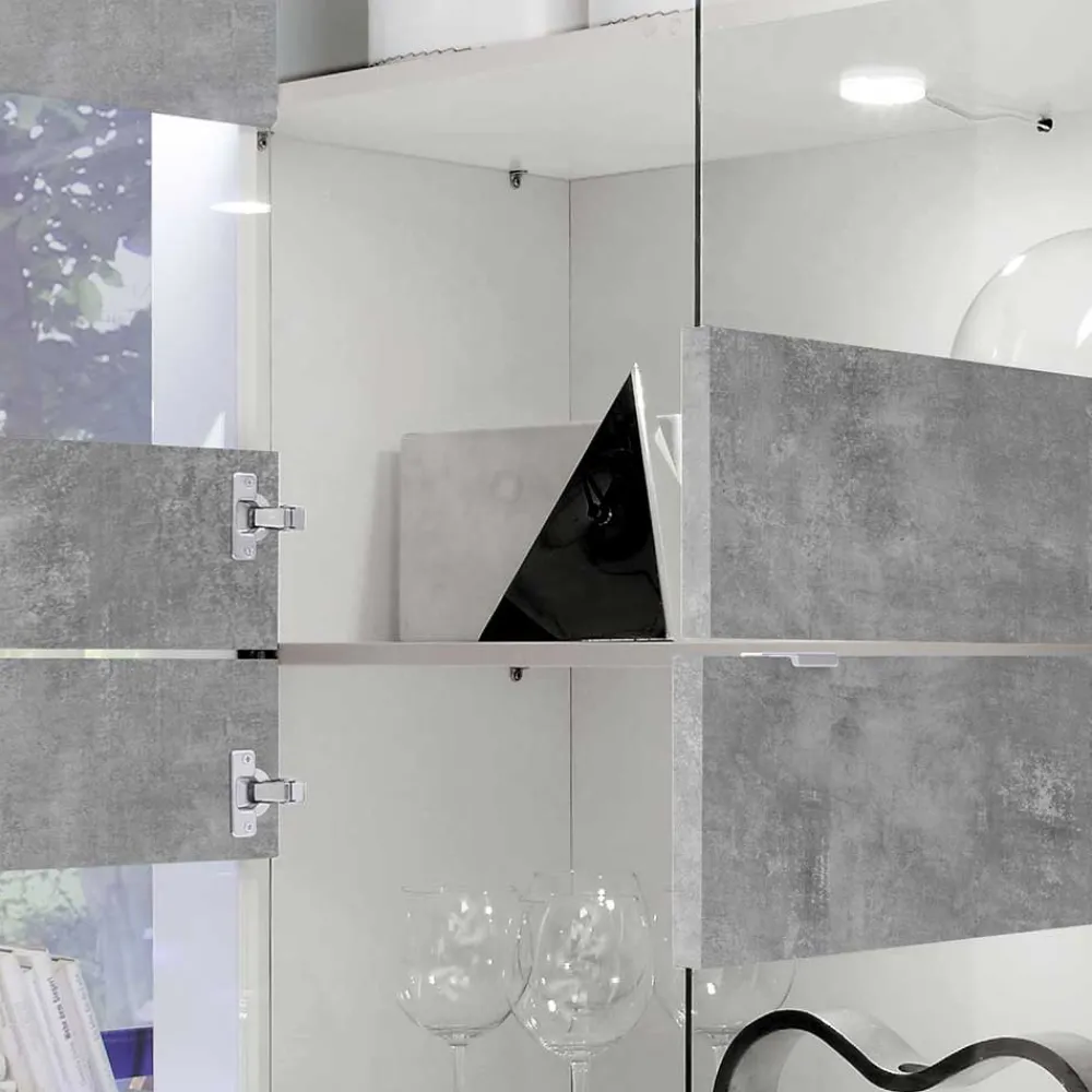 Wohnen Highboard Vitrine in Beton Optik & Weiß HG - Narandu
