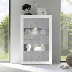 Wohnen Highboard Vitrine in Beton Optik & Weiß HG - Narandu