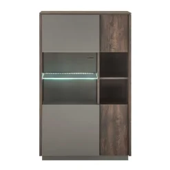 Wohnen Küchenschränke|Sideboards & Kommoden*Highboard Vitrine in Eiche Dunkel & Grau - Mundo