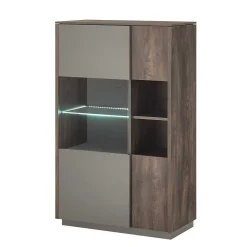 Wohnen Küchenschränke|Sideboards & Kommoden*Highboard Vitrine in Eiche Dunkel & Grau - Mundo