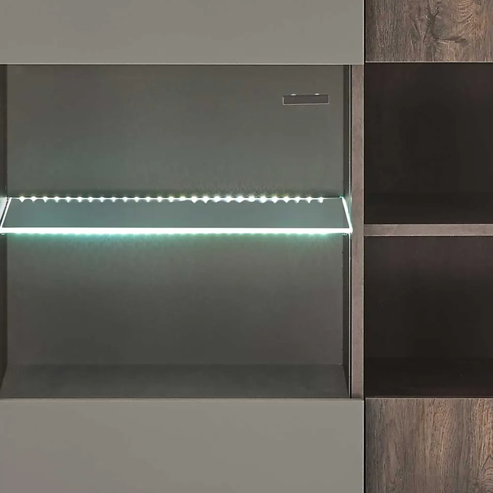 Wohnen Küchenschränke|Sideboards & Kommoden*Highboard Vitrine in Eiche Dunkel & Grau - Mundo