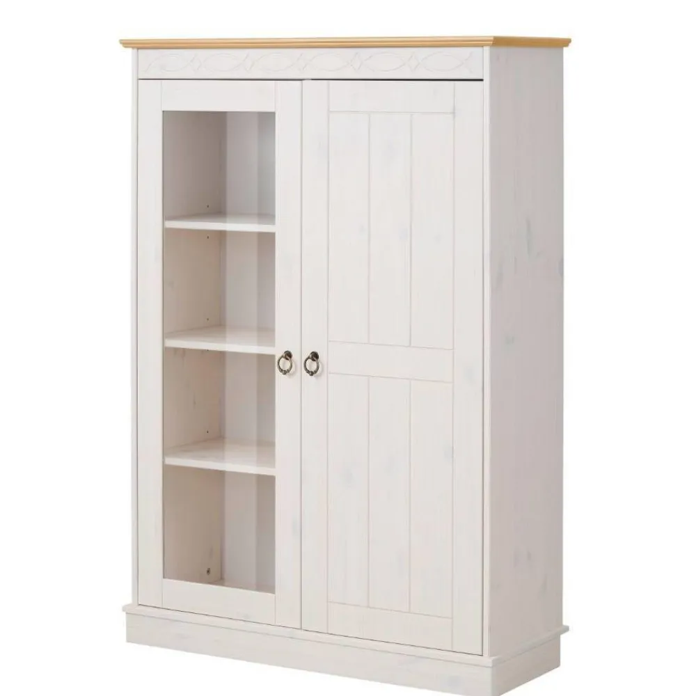 Wohnen Landhausmöbel|Vitrinen*Highboard Vitrine in Weiß und Kiefer Honig - Zentra