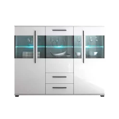 Wohnen Highboards|Esszimmerschränke*Highboard Vitrine Jetongos in Weiß Hochglanz Glas