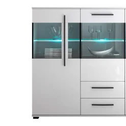 Wohnen Highboards|Esszimmerschränke*Highboard Vitrine Jetongos in Weiß Hochglanz Glas