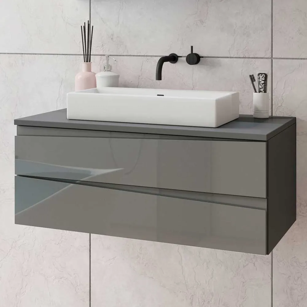 Wohnen Hänge-Waschtisch in Anthrazit mit Hochglanz Front - Hatai