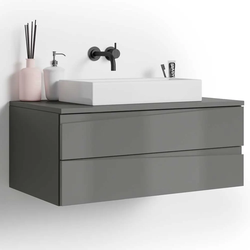 Wohnen Hänge-Waschtisch in Anthrazit mit Hochglanz Front - Hatai