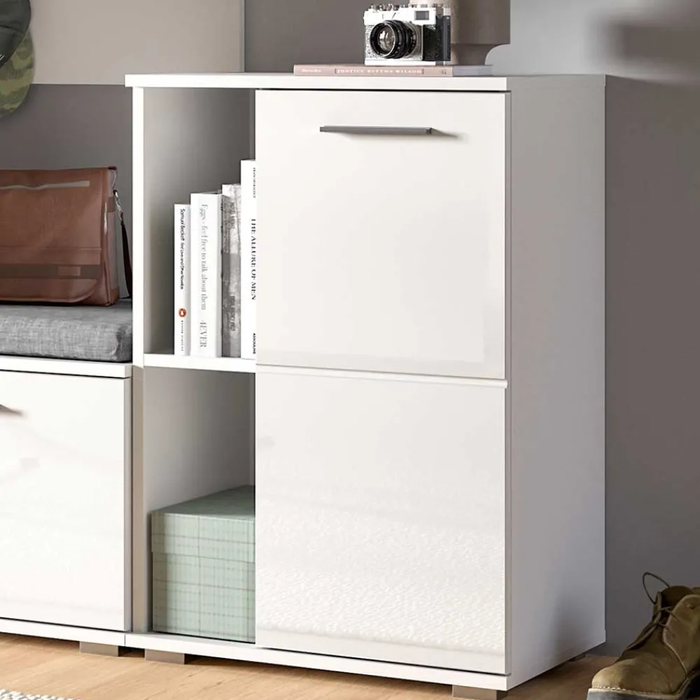 Wohnen Schuhschränke*Hochglanz Schuhkommode in Weiß - 2 Fächer & Tür - Rugova