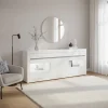 Wohnen Hochglanz Sideboard in Weiß mit 2 Glaseinsätzen Mextra & Beton Dekor