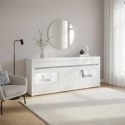 Wohnen Hochglanz Sideboard in Weiß mit 2 Glaseinsätzen Mextra & Beton Dekor