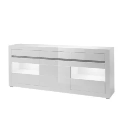 Wohnen Hochglanz Sideboard in Weiß mit 2 Glaseinsätzen Mextra & Beton Dekor