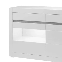 Wohnen Hochglanz Sideboard in Weiß mit 2 Glaseinsätzen Mextra & Beton Dekor
