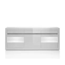 Wohnen Hochglanz Sideboard in Weiß mit 2 Glaseinsätzen Mextra & Beton Dekor