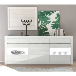 Wohnen Hochglanz Sideboard in Weiß mit 2 Glaseinsätzen Mextra & Beton Dekor